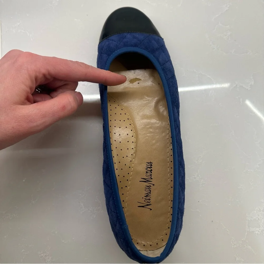 Neiman Marcus Quilted Suede Ballet Flats Navy Blue Black Patent Cap Toe Size 8